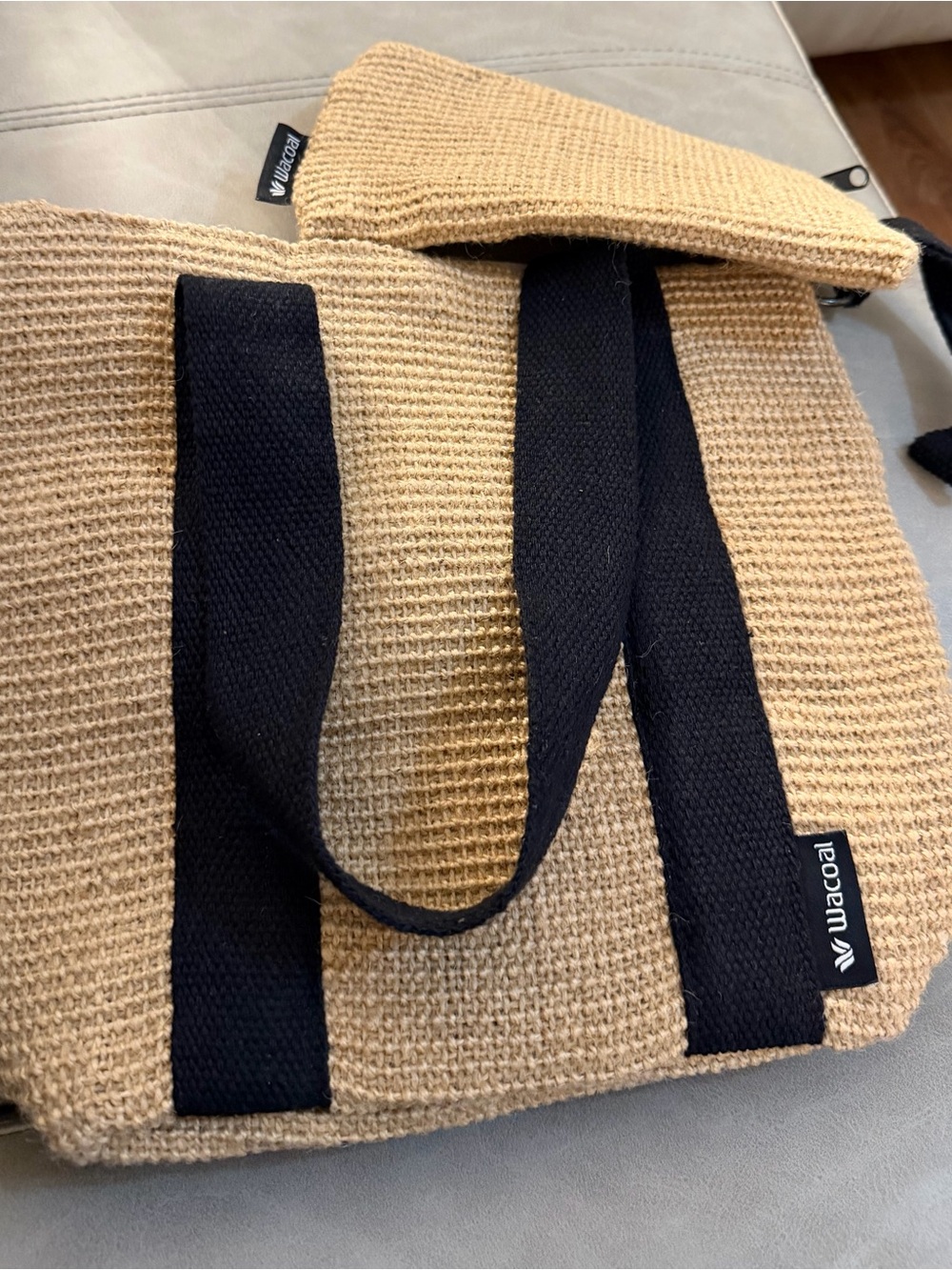 Wacoal Natural Jute Tote Bag Black Handles Matching Zip Pouch Eco Reusable